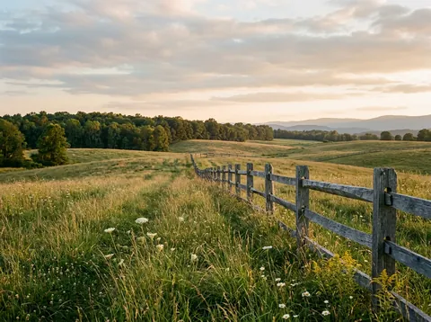 Open pasture with tall grass and wildflowers beside a weathered split-rail fence, a treeline and hazy hills in the distance at sunset