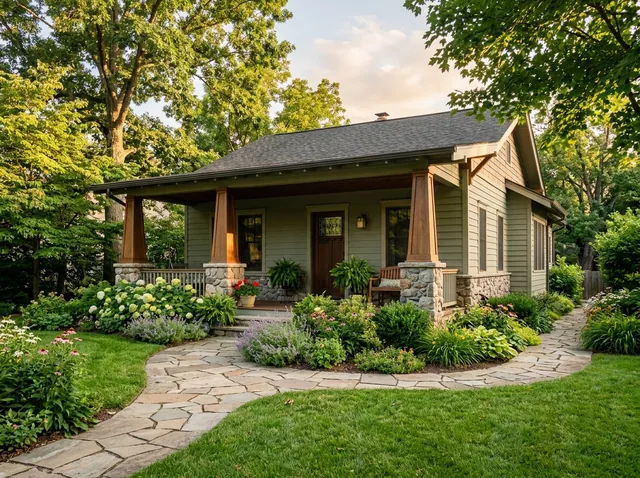 Sage-green craftsman bungalow with a deep front porch on stone piers, a flagstone walkway curving through flower beds and lawn under shade trees