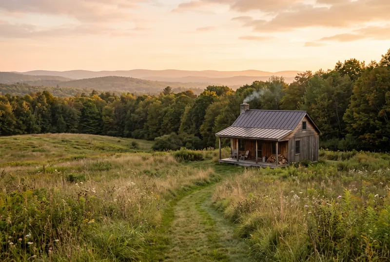 Small wooden cabin with a metal roof on open meadow acreage at the edge of a hardwood forest at dusk