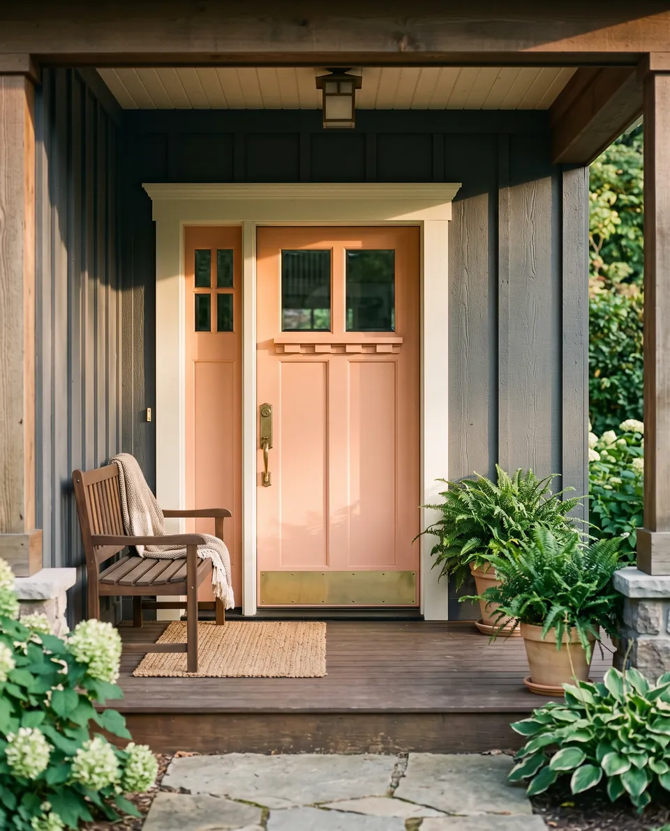 Craftsman porch with a peach-painted front door, brass hardware, a wooden bench and potted ferns in late-afternoon light