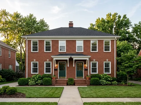 Two-story red brick duplex with two green front doors under a shared portico, white-trimmed windows, boxwood shrubs and a front lawn