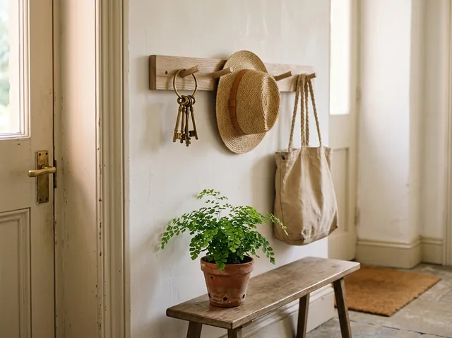 Brass keys on a ring hanging from a wooden peg rail beside a straw hat and a canvas tote, a potted fern on a wooden bench below in a sunlit cream hallway