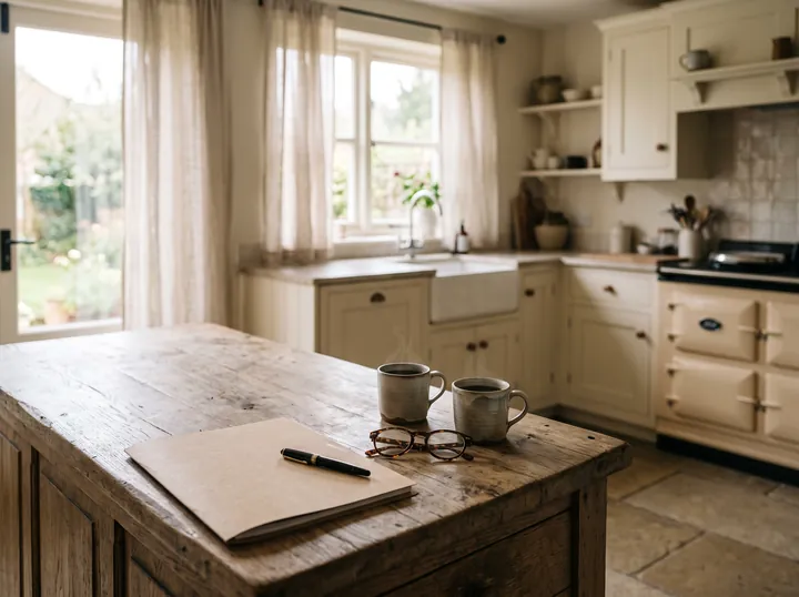 Kraft-paper folder, a pen, reading glasses and two mugs of coffee on a weathered oak island in a bright cream farmhouse kitchen
