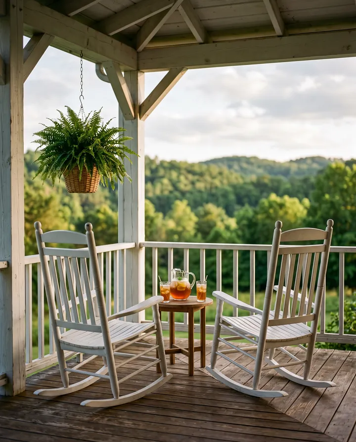 Two white rocking chairs facing each other on a covered wooden porch, iced tea on a small table between them, a hanging fern and green wooded hills beyond the railing