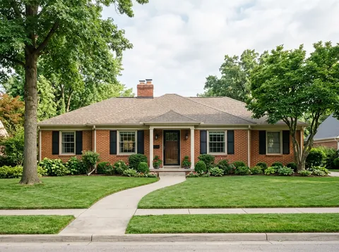 Single-story brick ranch home with black shutters and a small covered entry, a curving front walk across a green lawn between shade trees