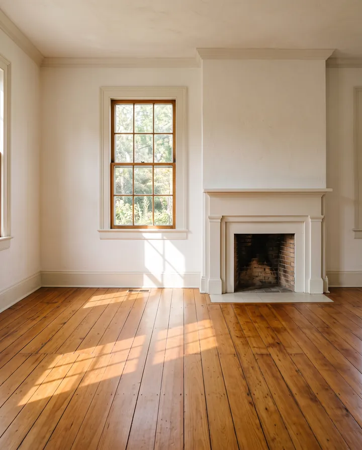 Empty living room with wide-plank hardwood floors, warm white walls, a white fireplace mantel and sunlight falling through a tall window