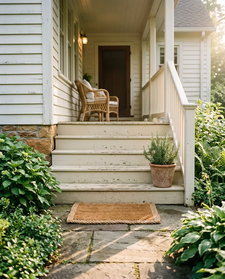 Painted cream porch steps with a white railing, a potted rosemary and a coir doormat on the stone path, framed by green shrubs in morning sun