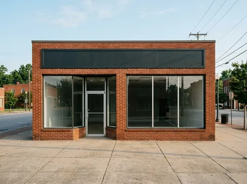 Empty single-story brick storefront with large display windows, a glass entry door and a blank dark sign band above a wide sidewalk