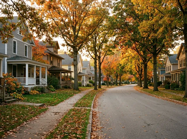 Quiet residential street under oak and maple trees in autumn color, older houses with front porches set back behind lawns and leaf-strewn sidewalks