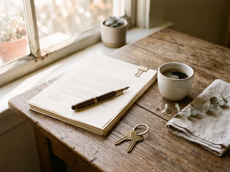 Printed pages with a fountain pen, a pair of brass house keys and a cup of coffee on a weathered wooden table by a window