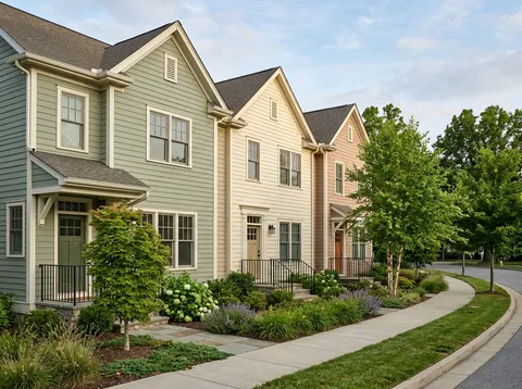 Row of attached two-story townhomes in sage, cream and clay siding with small railed stoops, flower beds and young trees along a curving sidewalk