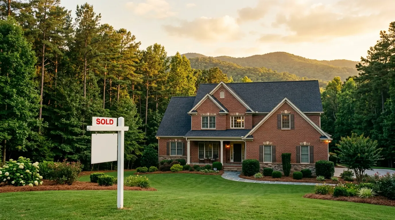 A brick house in wooded foothills beside a white yard sign marked SOLD