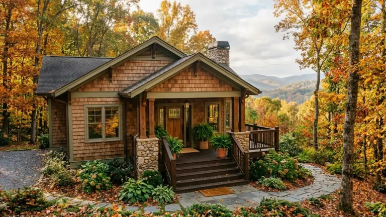 A craftsman-style home with a covered front porch and potted ferns surrounded by autumn hardwood trees with forested North Georgia foothills in the background