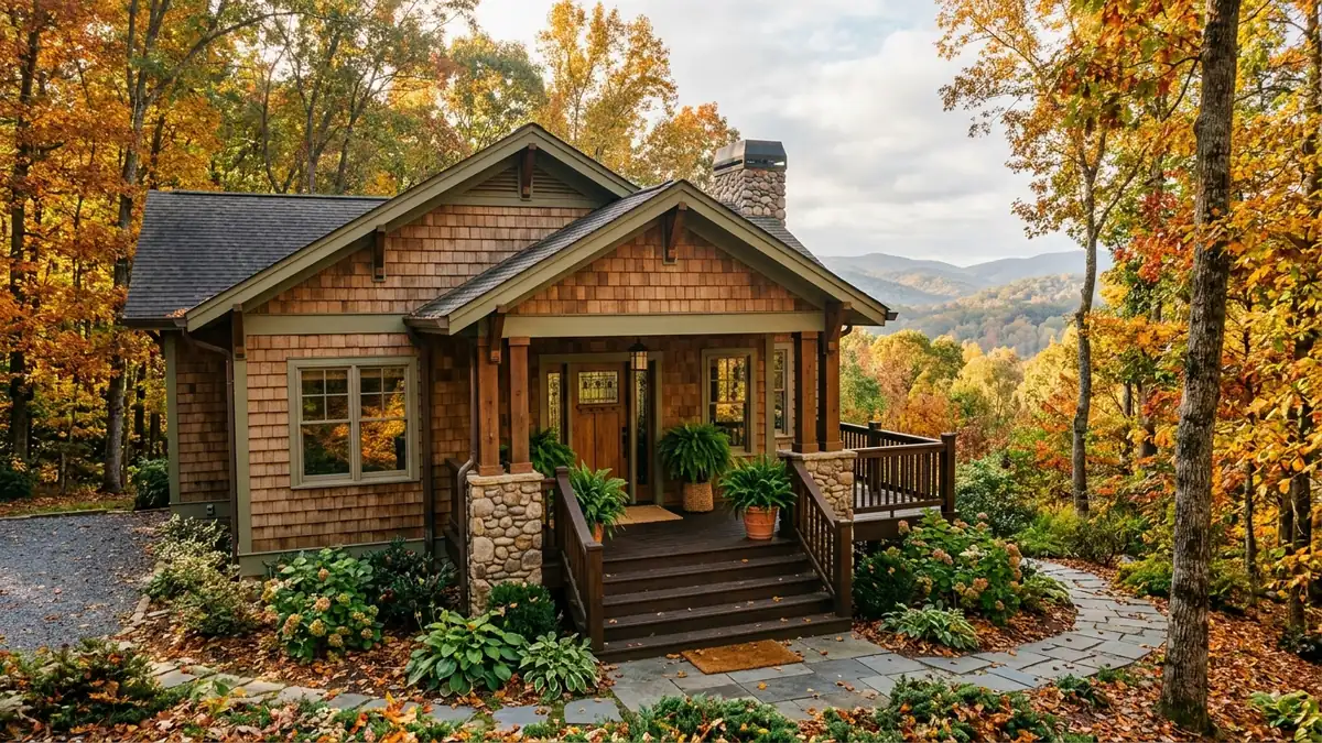 A craftsman-style home with a covered front porch and potted ferns surrounded by autumn hardwood trees with forested North Georgia foothills in the background