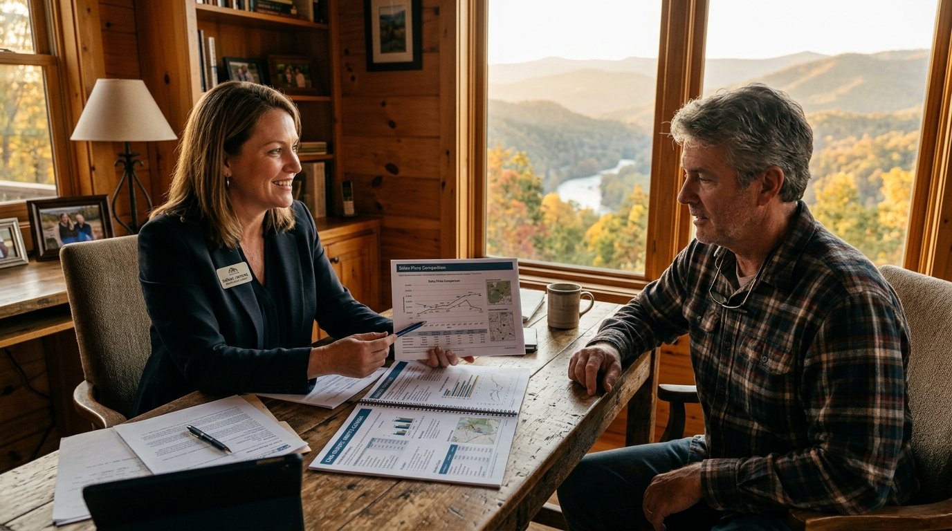A real estate agent and a homeowner review a printed market analysis report at a desk in a wood-paneled office, with forested North Georgia foothills visible through the window