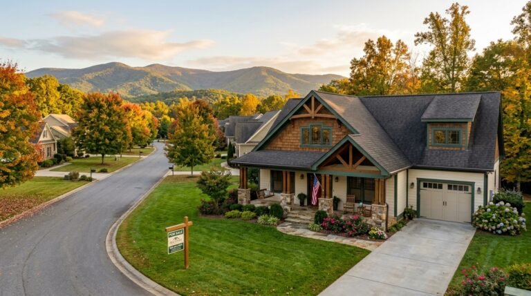 North Georgia craftsman-style home for sale on a hardwood tree-lined residential street near Dahlonega with Appalachian foothills in background at golden hour