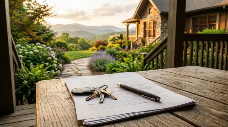 House keys and a pen sit atop a property contract on a sunlit wooden table, overlooking a home's lush, sun-drenched front yard