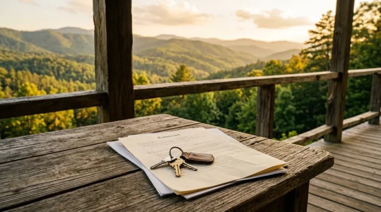 House keys and real estate paperwork rest on a rustic wooden porch table, set against a backdrop of rolling, tree-covered mountain slopes