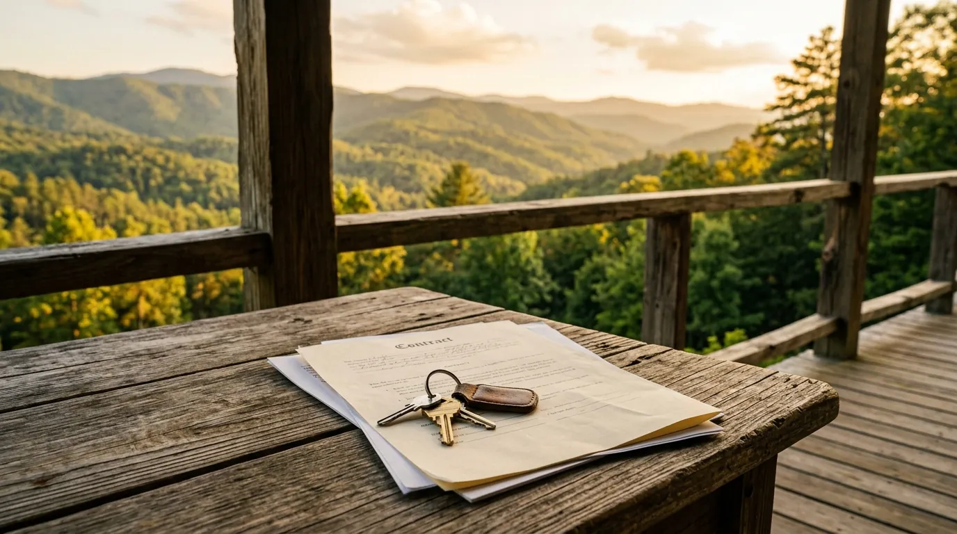 House keys and real estate paperwork rest on a rustic wooden porch table, set against a backdrop of rolling, tree-covered mountain slopes
