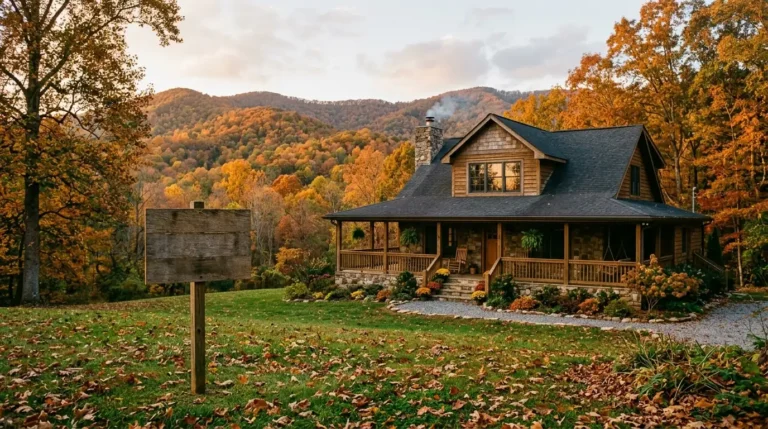 A house with a porch nestled against rolling autumn mountains, featuring a blank wooden "For Sale" sign standing on a leaf-dappled lawn
