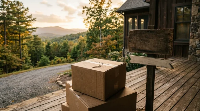 A house key resting atop stacked cardboard moving boxes on a sunlit porch, beside a generic wooden yard sign displaying a "SOLD" banner