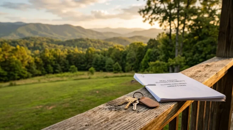 House keys and closing documents rest on a rustic wooden porch railing, overlooking a grassy lawn and soft, wooded hills in the distance