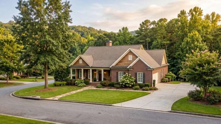 A traditional single-story brick home on a tree-lined residential street in North Georgia, photographed in late-afternoon golden-hour light with mature oak and pine trees in the background